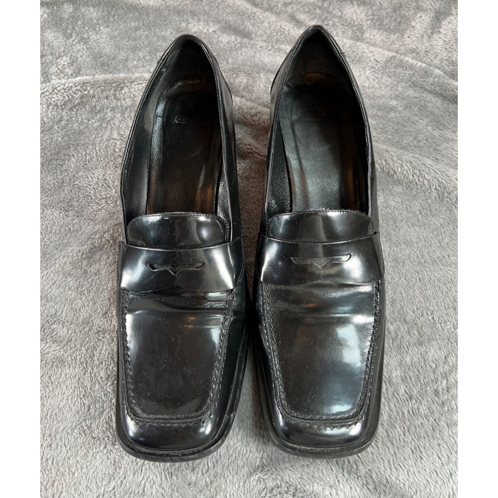 Coach Patent Leather Penny Loafers Womens 10 Black Square Toe Heeled